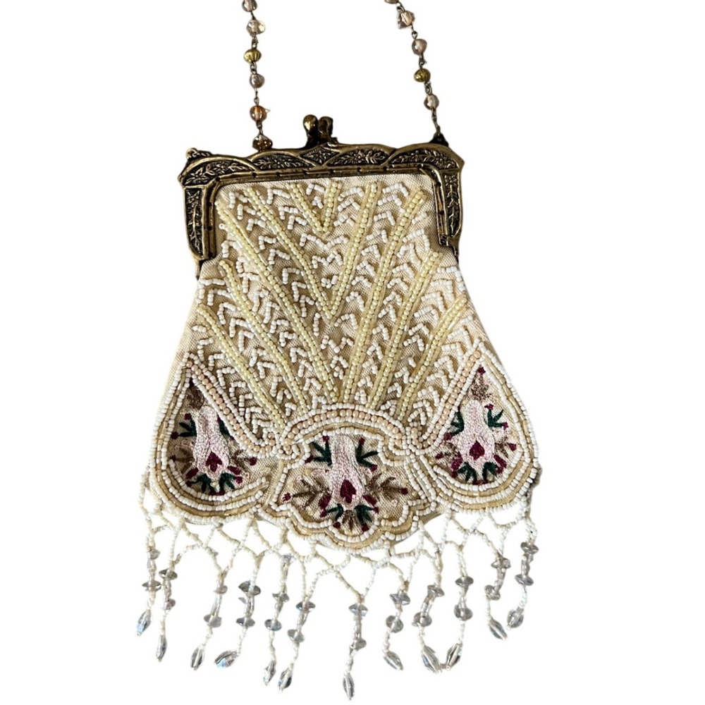 Vintage Beaded Rare Evening Bag Cream Art Deco Clutch Kiss Lock Fringe Wedding